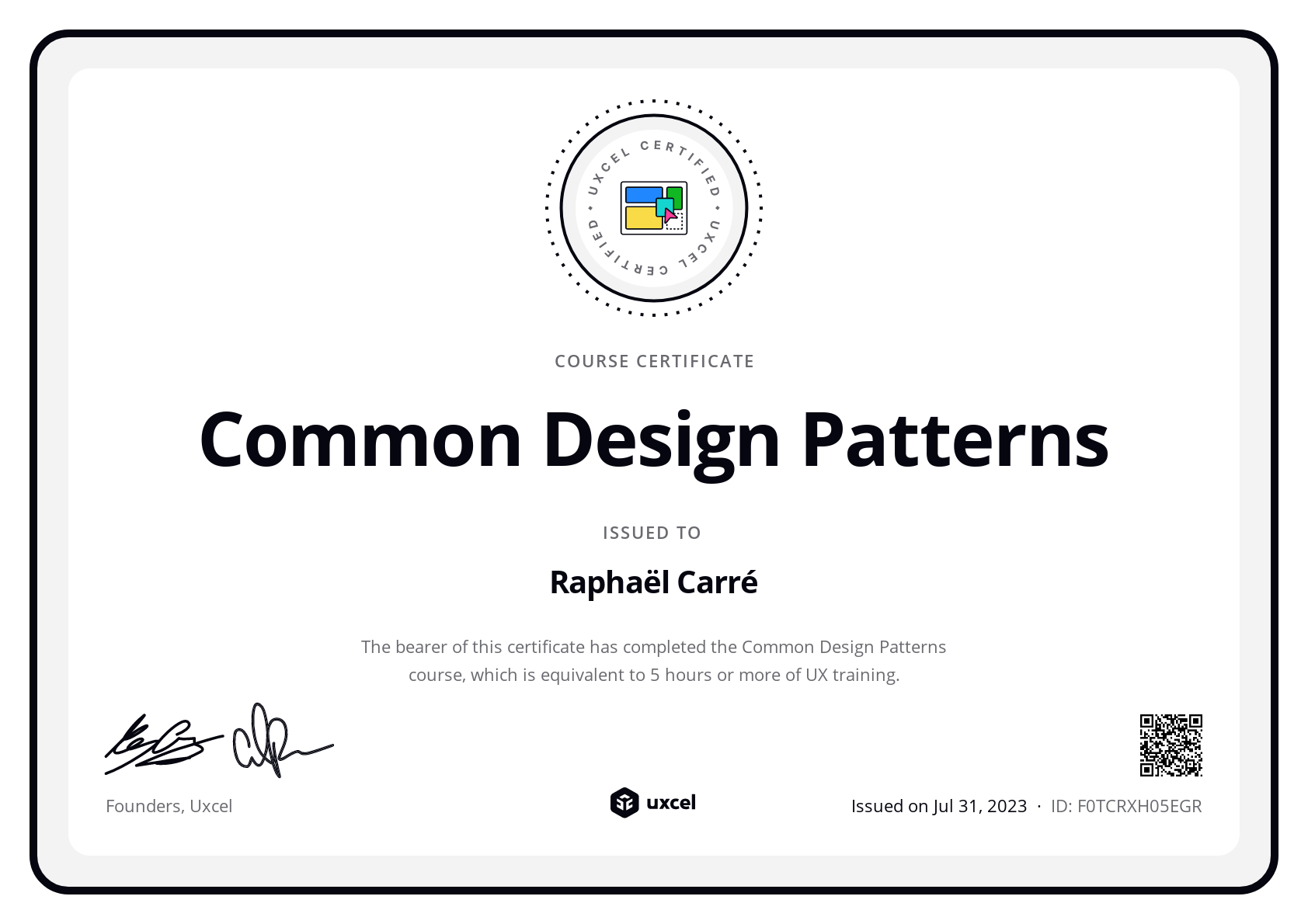 Raphaël Carré's certificate